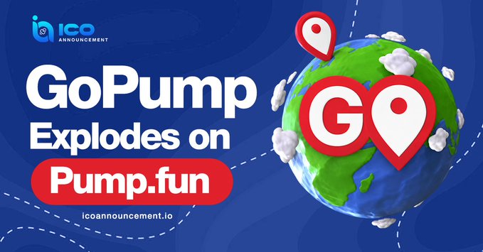The image features a large, colorful globe with red dots representing cities around the world. The text "GoPump" is written above the globe, and "Explodes on Pump Fun" is below it. The background of the image is blue, and there are two red lines running through it. In the bottom right corner of the image, there's a small white text that reads "ICOannouncement.io".