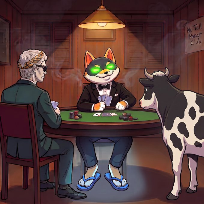 An illustration depicting a secret underground poker game labeled 'No Tell Poker Club', featuring an anthropomorphic calico cat in a suit with glowing green eyes playing cards, alongside a man with a laurel wreath and a cow.