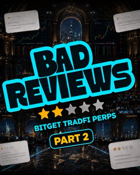 Bold "BAD REVIEWS PART 2" graphic overlaying an ornate theater backdrop, promoting Bitget TradFi Perps with three-star ratings and review bubbles scattered around, tying into the post's playful invitation for users to share their own "bad reviews" of the platform's deep liquidity.