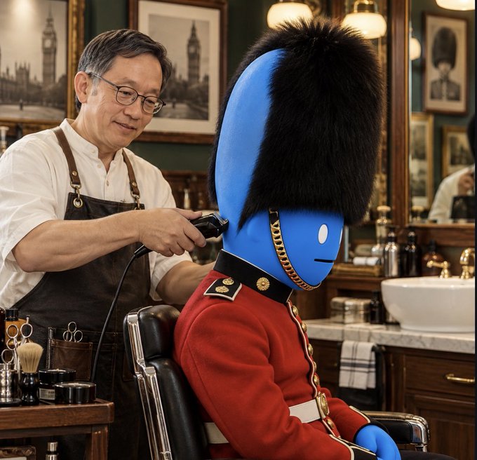 An AI-generated image of an Asian barber in an apron trimming the tall black hair of a blue-skinned character wearing a British Royal Guard red uniform.