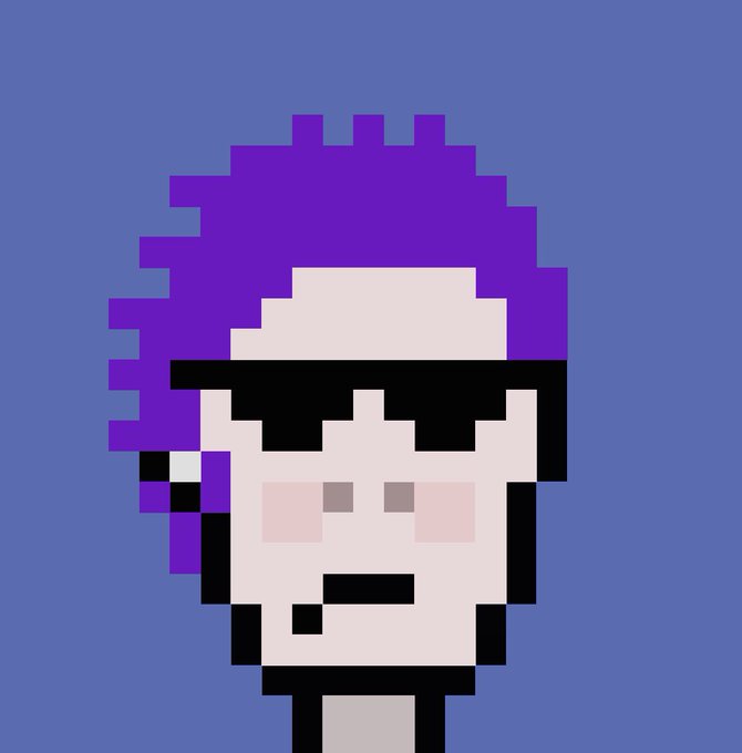 A pixel art character with purple hair, black sunglasses, a mustache, and a small goatee appears against a solid purple background.