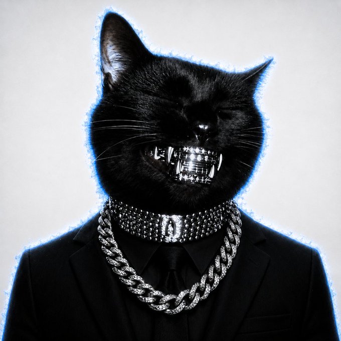 A black cat in a black suit wearing multiple silver chain necklaces, with a metallic, toothy grin revealing a camera lens, set against a gray background with a blue outline.