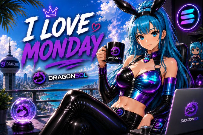 An anime-style promotional artwork featuring a blue-haired character in a black and purple outfit holding a 'DRAGONSOL' mug, with text reading 'I LOVE MONDAY' and 'DRAGONSOL' branding.