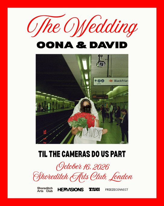 Wedding invitation for 'Oona & David' with the tagline 'TIL THE CAMERAS DO US PART', dated October 16, 2026, at Shoreditch Arts Club, London, featuring a bride at a Blackfriars station and sponsors Shoreditch Arts Club, HERVISIONS, TNT, and FRIEZECONNECT.