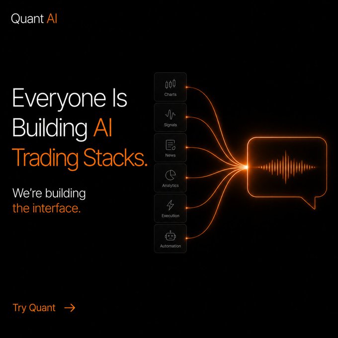 The image features a black background with an orange speech bubble that reads "Everyone is building AI Trading Stacks". The text also includes the phrase "We're building the interface" and "Try Quant", which could be related to a website or application for trading stacks.