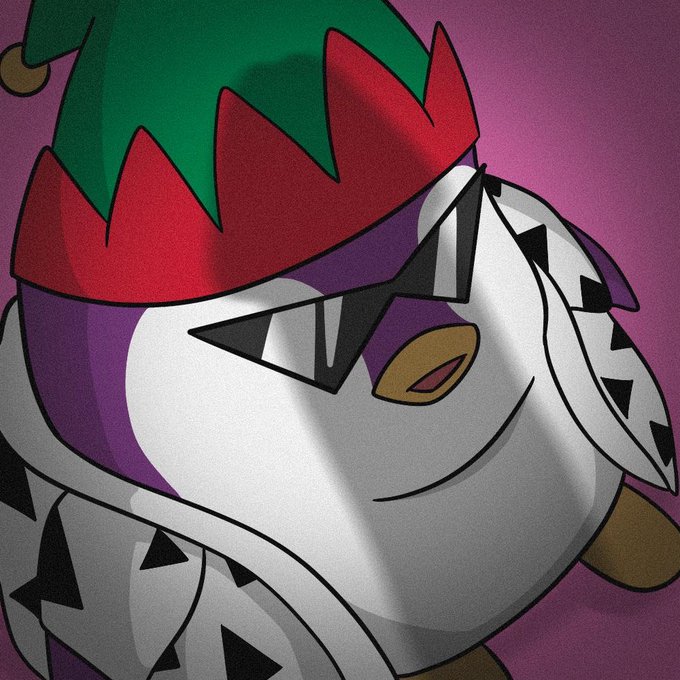 Digital artwork of a cartoonish character with a round white face, wearing a green and red elf hat, star-shaped sunglasses, and a gold tooth, set against a purple background.
