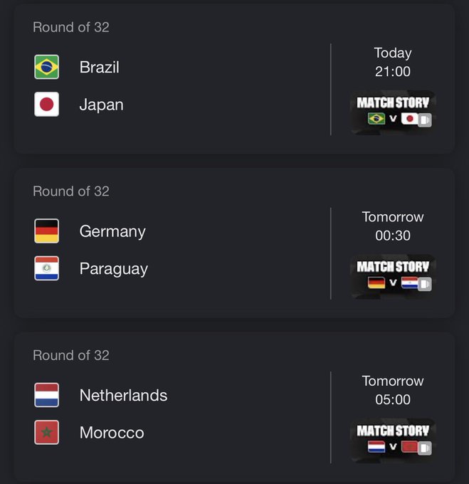 A football tournament schedule showing three Round of 32 matches: Brazil vs Japan (Today, 21:00), Germany vs Paraguay (Tomorrow, 00:30), and Netherlands vs Morocco (Tomorrow, 05:00), each with a "Match Story" option. The image serves as the contest post prompting viewers to predict winners of these three matchups for a chance to win 1 SOL.