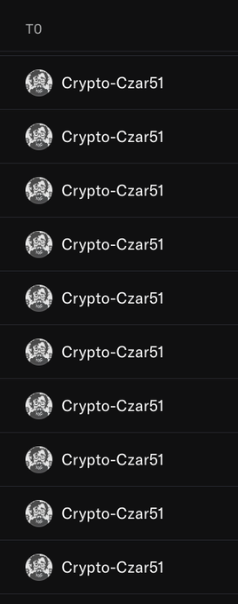 A dark-themed screenshot showing a "TO" list with the username "Crypto-Czar51" repeated ten times, illustrating the post's claim that this account is mass-buying NFTs across multiple collections in preparation for an NPC Chain ($NPC) project.