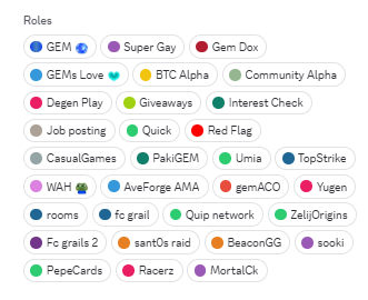 The image shows a list of various roles, including "Gem", "Super Gay", "BTC Alpha", "Red Flag", "Zelion Origins", "Zelion", "Zelion Racing", "Zelion Cards", "Zelion GGC", and "Zelion GGC". The post also mentions a special offer for "Zelion Racing" cards, which could be related to the roles displayed in the image.