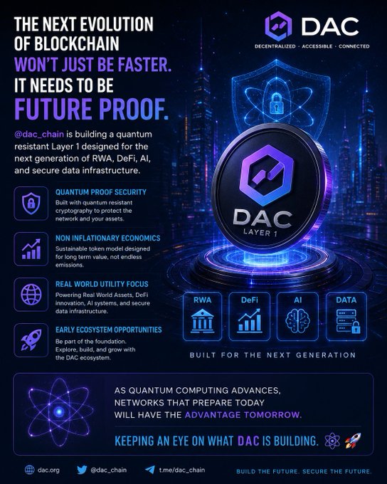 A futuristic promotional graphic for DAC Chain (@dac_chain) highlights their quantum-resistant Layer 1 blockchain designed for RWA, DeFi, AI, and secure data infrastructure, featuring key benefits like quantum-proof security and non-inflationary economics alongside a glowing atom and shield emblem.