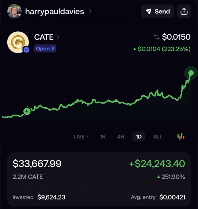 This image shows a crypto portfolio for "CATE" with a current value of $33,667.99, up 251.90% from an investment of $9,624.23, relating to the post's excitement about the "CATE" ticker.