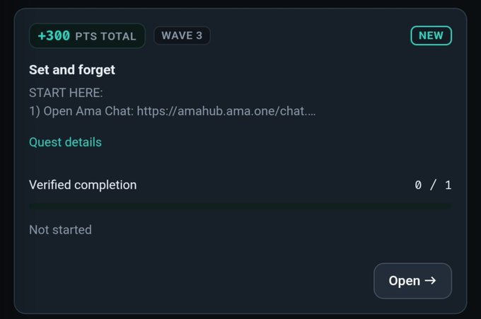 The image shows a quest card titled "Set and forget" on the Amadeus Testnet (Wave 3), offering +300 points total, with instructions to open Ama Chat at amahub.ama.one/chat as the starting step and a status of "Not started" with 0/1 verified completions. The accompanying guide explains the steps to complete this quest by connecting a wallet and creating a recurring buy on the Ama Protocol platform.