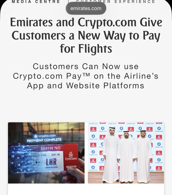 An Emirates Media Centre announcement stating "Emirates and Crypto.com Give Customers a New Way to Pay for Flights" where customers can use Crypto.com Pay™ on the airline's app and website, accompanied by images of a digital boarding pass and Emirates executives.
