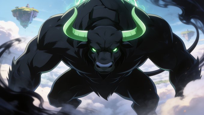 A massive, muscular black bull with glowing green horns and eyes stands powerfully amid clouds in a fantasy sky setting with floating islands. The image's imposing bullish creature aligns with the "$ANSEM" crypto post, evoking themes of strength and market momentum.