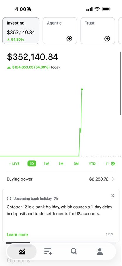 A mobile investment app screenshot showing an 'Investing' portfolio valued at $352,140.84 with a 54.80% gain, noting October 12 as an upcoming bank holiday.