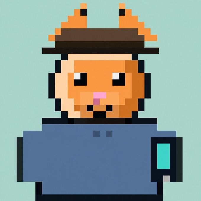 A pixel art illustration of an orange cat character wearing a black hat and a blue shirt against a teal background.
