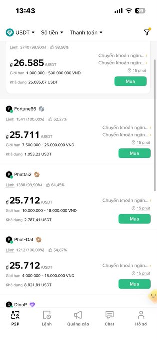 A mobile app screen showing a USDT P2P trading interface in Vietnamese, listing sellers like Fortune66 and Phattai2 with rates around 25,711 - 26,585 USDT and a green 'Mua' (Buy) button.