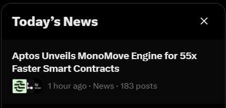 A dark-themed news notification card titled "Today's News" featuring a headline reading "Aptos Unveils MonoMove Engine for 55x Faster Smart Contracts," posted 1 hour ago in the News category with 183 posts.