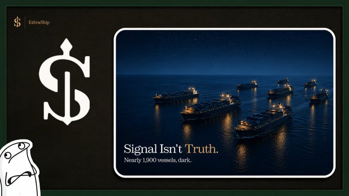 An 'EditsShip' graphic with a dollar sign logo, featuring a dark image of naval ships at sea with the text 'Signal Isn't Truth. Nearly 1,900 vessels, dark.'