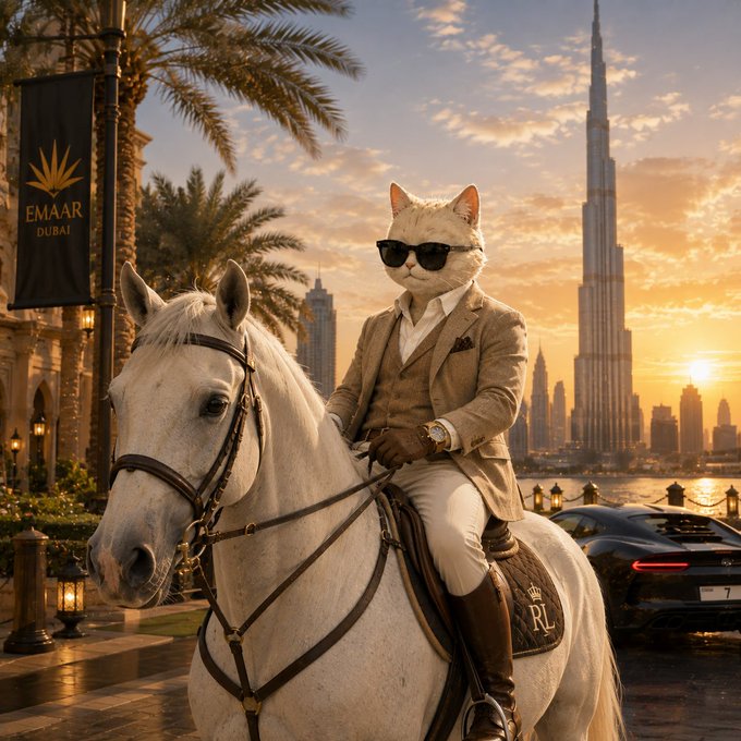 An AI-generated image of a wealthy cat wearing sunglasses and a tan suit riding a white horse in Dubai, with the Burj Khalifa, palm trees, and luxury cars visible in the background, alongside an "EMAAR DUBAI" banner.