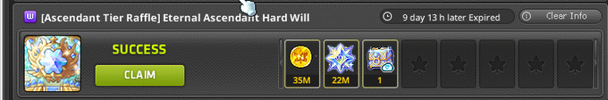 A game UI showing '[Ascendant Tier Raffle] Eternal Ascender Hard Will' with 'SUCCESS' and a 'CLAIM' button, displaying rewards of 35M coins, 22M star materials, and 1 item.