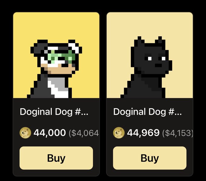 Two pixel-art dog NFT cards labeled 'Doginal Dog #' priced at 44,000 ($4,064) and 44,969 ($4,153) with Buy buttons.