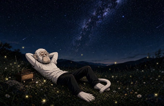 A whimsical illustration of a person in a monkey onesuit relaxing in a field of flowers under a starry Milky Way sky, accompanied by a vintage radio.