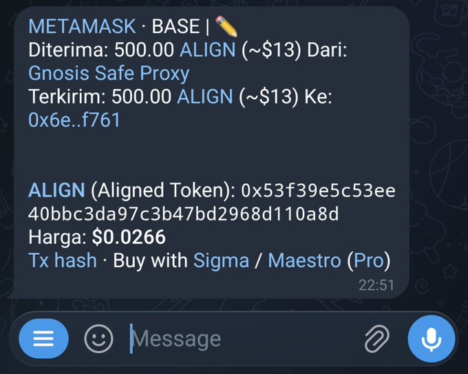A screenshot of a Telegram message in Indonesian describing a MetaMask transaction on the Base network, showing a transfer of 500.00 ALIGN tokens (~$13) from a Gnosis Safe Proxy to address 0x6e...f761, with the ALIGN token price listed at $0.0266.
