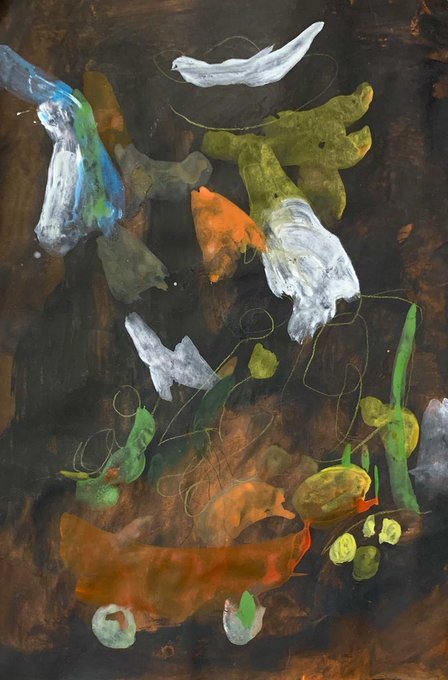 An abstract painting featuring organic, biomorphic shapes in white, orange, green, and gray against a dark brown textured background, with thin thread-like lines connecting some elements.