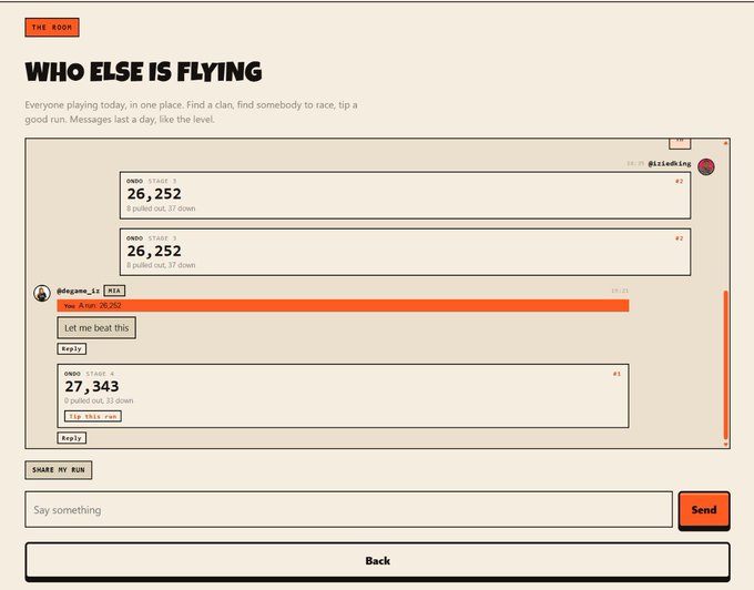 A screenshot of a retro-styled web app or game titled 'THE ROOM' with the heading 'WHO ELSE IS FLYING,' showing multiple leaderboards with top scores from users like 'Liesdring,' 'blegoon_18,' and 'steve.'