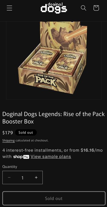 The image shows a product page for "Doginal Dogs Legends: Rise of the Pack Booster Box" priced at $179, marked as "Sold out." This visually confirms the accompanying post's claim that the DDL TCG sold out within 24 hours of release.