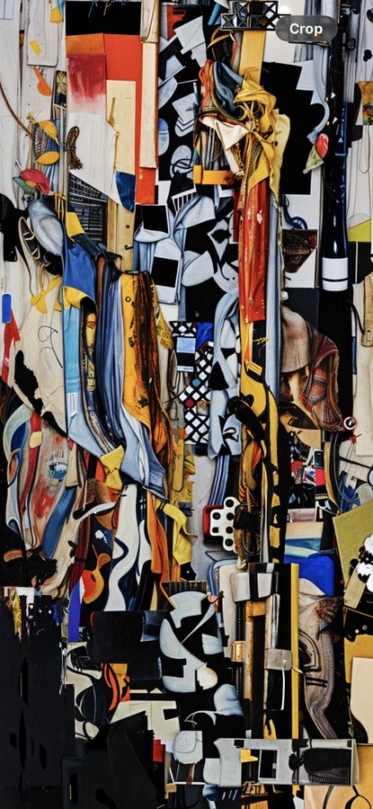 A complex, colorful cubist-style painting filled with abstract geometric shapes and figures, featuring a 'Crop' overlay button in the top right corner.