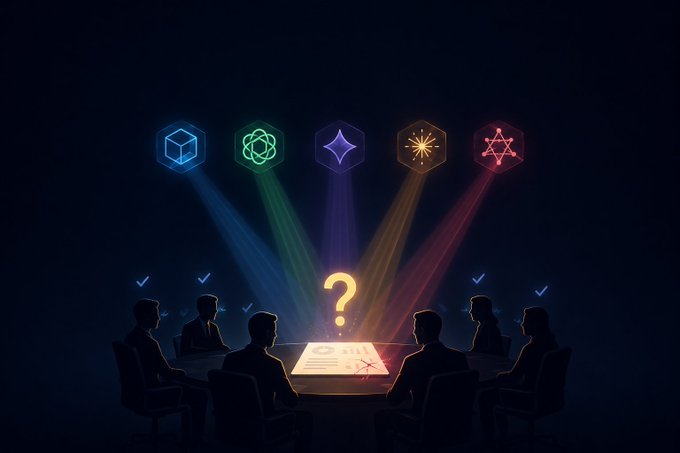 An illustration of silhouetted business figures around a table with a question mark and document, with cryptocurrency logos (BNB, Polygon, Ethereum, Cardano, Polkadot) beaming down from above.