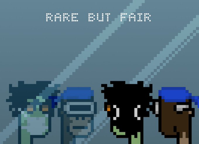 Pixel art of four characters wearing snorkel goggles, with the text "RARE BUT FAIR" displayed above them. The image ties to the post about @niftynaut .eth receiving a new pair, with "Rare but fair" suggesting the snorkel goggles are a rare but fairly distributed NFT item.