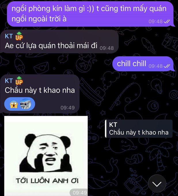 The image shows a text message conversation between two people, with each person's name displayed at the top of their respective messages. The first person has sent three messages, while the second person has received four messages. The conversations include topics such as "KTM UP", "CHILL", and "CHILL". Additionally, there is an image of a panda bear in one of the messages.