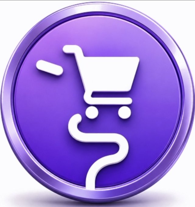 A glossy purple circular icon featuring a white shopping cart above a dollar sign, symbolizing commerce and currency exchange. The image visually represents the promotion of business or products via LinkersMap, aligning with the need to acquire $LMP tokens through the InterLink Business Token Exchange (IBTE).
