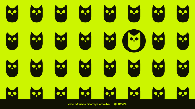 A grid of black owl icons on a yellow background with the text 'one of us is always awake — SHOWL' at the bottom.