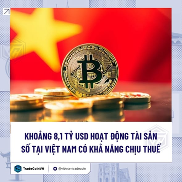 A graphic featuring Bitcoin coins against the backdrop of the Vietnamese flag star, with Vietnamese text reading 'KHOẢNG 8,1 TỶ USD HOẠT ĐỘNG TÀI SẢN SỐ TẠI VIỆT NAM CÓ KHẢ NĂNG CHỊU THUẾ' (About 8.1 billion USD of digital asset activity in Vietnam may be taxed), from TradeCoinVN.