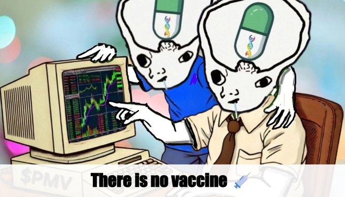 Meme featuring two Wojak characters with DNA pills in their heads analyzing stock charts on an old computer, captioned "There is no vaccine."