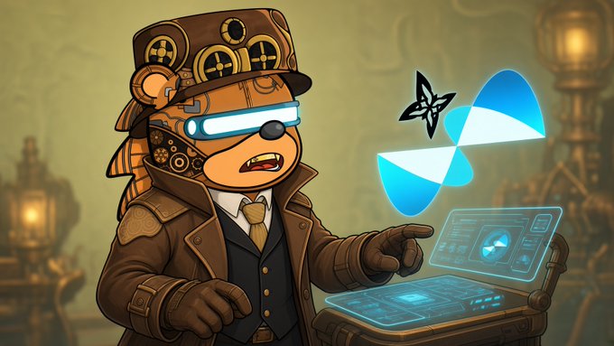 A cartoon bear character in a steampunk top hat and goggles interacts with a holographic interface displaying a rotating segmented sphere graphic.