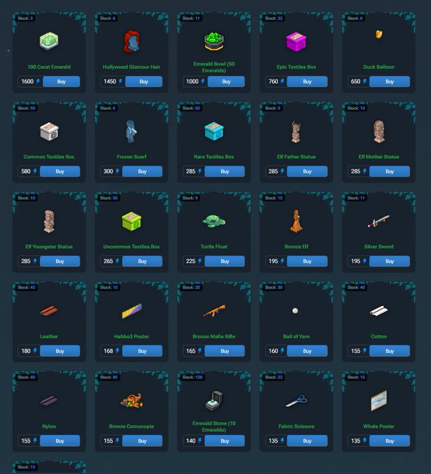 An in-game store interface displays various purchasable items including a '100 Carat Emerald' for 1600, 'Hollywood Glamour Hair' for 1450, 'Emerald Bowl (50 Emeralds)' for 1000, and numerous textile boxes, statues, weapons, and materials with their stock counts and lightning bolt currency prices.