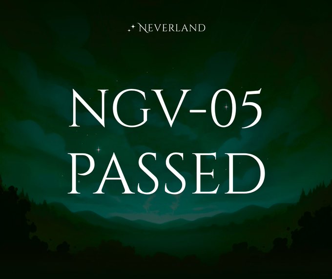 A dark green landscape image with the text 'NEVERLAND' at the top and 'NGV-05 PASSED' displayed prominently in the center.