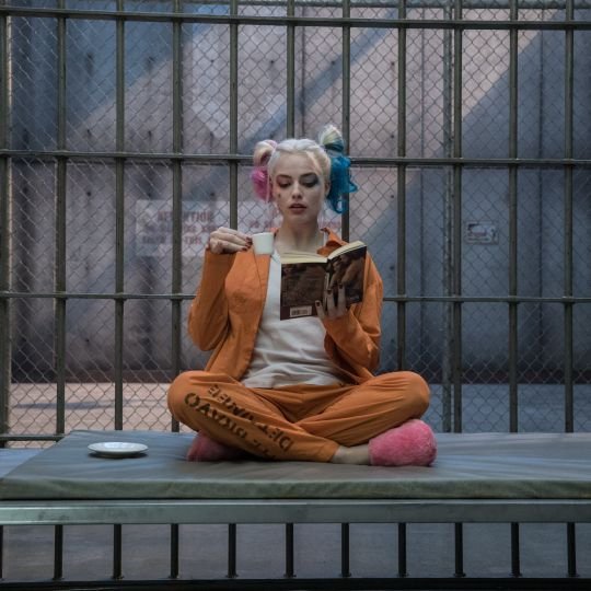A woman with blonde and blue-pink pigtails sits cross-legged on a prison bunk in an orange jumpsuit, calmly reading a book and sipping tea. The image humorously matches the "Friyay/Friday" post by showing Harley Quinn enjoying a peaceful moment despite her incarceration.