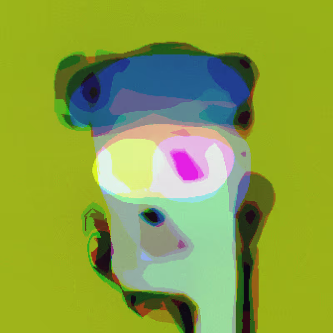 An abstract digital artwork featuring a face-like composition with colorful, fragmented shapes in pink, yellow, blue, and green against an olive-green background.