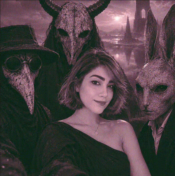 A moody portrait of a young woman in a dark off-shoulder top surrounded by eerie figures wearing plague doctor and animal masks against a gothic cityscape.