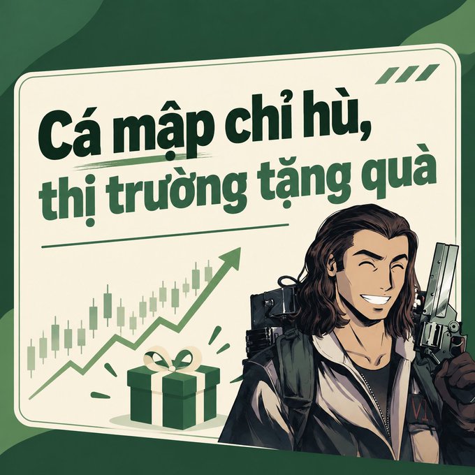An illustrated promotional graphic with Vietnamese text 'Cá mập chỉ hủ, thị trường tặng quà' featuring a smiling long-haired character holding a gun, a stock chart with an upward green arrow, and a green gift box.