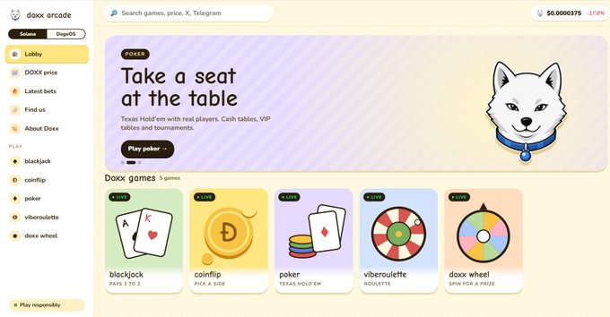 A screenshot of a 'doxx arcade' gambling website interface showing a menu of games including blackjack, coinflip, poker, viberoulette, and doxx wheel, with a banner reading 'Take a seat at the table'.