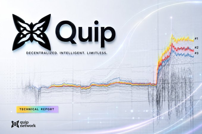 A technical report graphic for Quip Network featuring a butterfly-shaped logo, the tagline 'DECENTRALIZED. INTELLIGENT. LIMITLESS.', and a background chart showing sharp upward spikes in data trends.