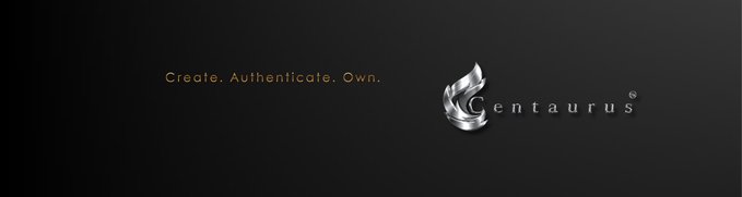 A dark-themed logo banner for 'Centaurus' featuring a silver metallic emblem and the tagline 'Create. Authenticate. Own.'