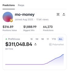 A Polymarket profile for 'mo-money' showing 17.6K views, 64,273 predictions, and all-time profit of $311,048.84.